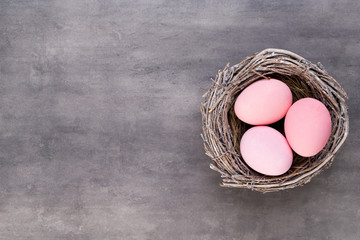 Mother's Day, woman's day, easter, pink tulips, presents on gray  background.