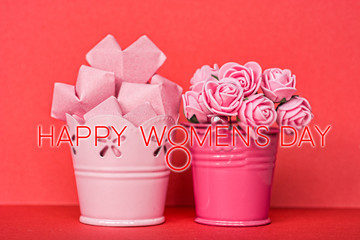 figure 8 a bouquet of flowers in a bucket. Happy Women's Day greeting card 