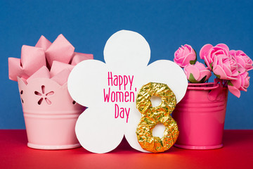 figure 8 a bouquet of flowers in a bucket. Happy Women's Day greeting card 