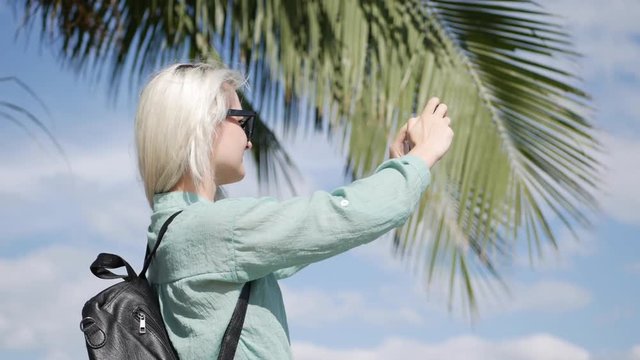 Beautiful slim woman with long blonde hair in sunglasses and green shirt standing near palm tree and take a pictures by smartphone on a blue sky background.