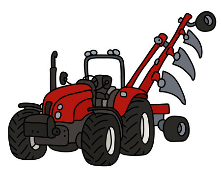 The red tractor with the plow