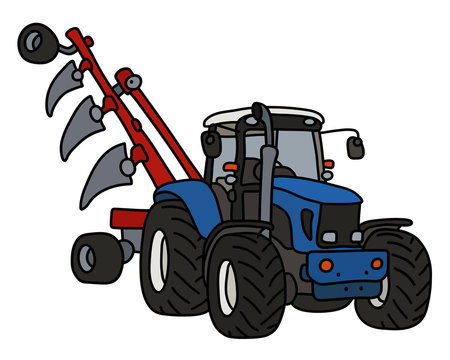 The blue tractor with the plow