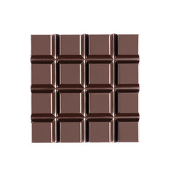 Square shape of bitter, dark chocolate bar, isolated on white background, close up, top view