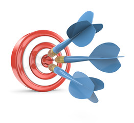Hitting Target. Red Dart Board with 3 blue dart arrows. 3D render.