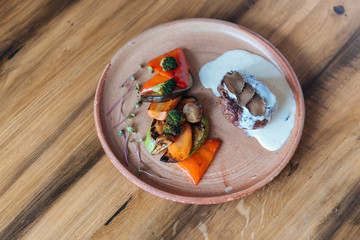 Beef stake on the wooden table 