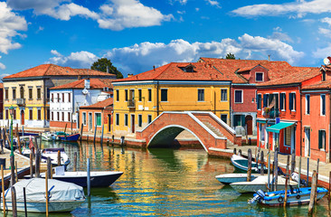 Island Murano in Venice Italy. View on canal with boat - obrazy, fototapety, plakaty