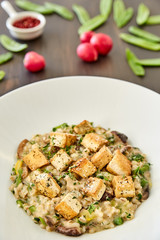Risotto with mushrooms, toast, parmesan and greens in a large white plate on a dark wooden table. In the background, radish with herbs and spices. National dish of Italy, Italian cuisine.