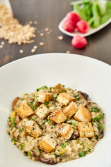 Risotto with mushrooms, toast, parmesan and greens in a large white plate on a dark wooden table. In the background, radish with herbs and spices. National dish of Italy, Italian cuisine.