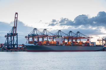 Industrial Container Cargo freight ship with working crane bridge in shipyard at Rotterdam, Netherlands. for Logistics Import Export background.