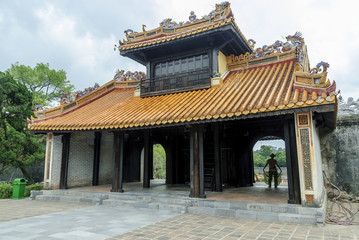 sight of different buildings inside the complex of the emperor's tomb Tu Duc in Hue, Vietnam.