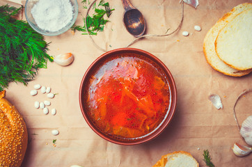 traditional Ukrainian borsch, red beet soup, borshch with beet, Ukrainian and russian national food