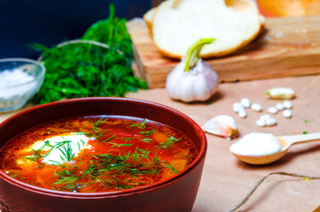traditional Ukrainian borsch, red beet soup, borshch with beet, Ukrainian and russian national food