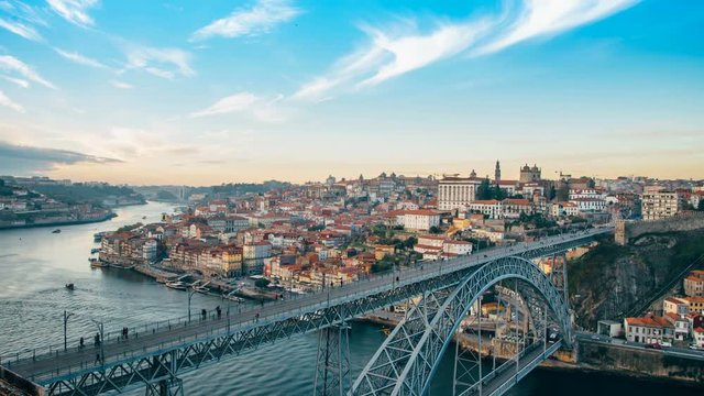 Portugal Porto timelapse Dom Luis I bridge Summer day Porto view 4k Douro river.
