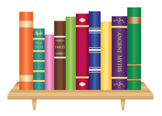 Wooden book shelf with old and colorful books