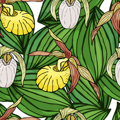 Seamless pattern with orchids and floral elements.