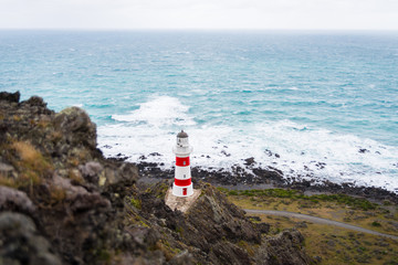 A light house with the oceand in the background at Cape Palliser, New Zealand. 