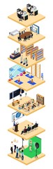 Isometric 3D vector illustration set of platforms with office, conference, school, studio, sports and shop