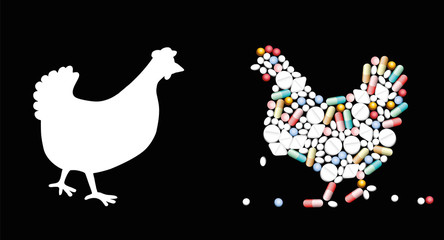 Pills that shape a chicken. Symbol for veterinary healthcare issues, medicine, pharmacy, and antibiotics - isolated vector illustration on black background.