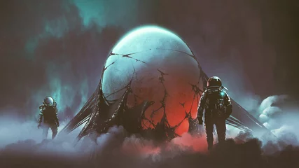Gordijnen sci-fi horrorscène van twee astronauten vond het mysterieuze buitenaardse ei, digitale kunststijl, illustratie, schilderij © grandfailure