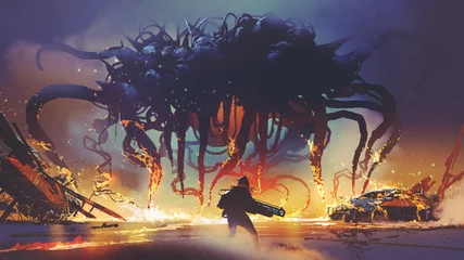 Poster de jardin Grand échec scène de combat entre l& 39 humain et le monstre géant, l& 39 homme combattant un extraterrestre la nuit, style art numérique, peinture d& 39 illustration