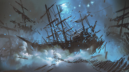 Obrazy  wraki statków z piracką flagą z czaszką wypełnioną cząsteczkami i kurzem unoszącym się na nocnym niebie, cyfrowy styl artystyczny, malarstwo ilustracyjne