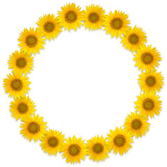 Round frame of sunflower flowers on a white background. Flower wreath. Yellow mandala