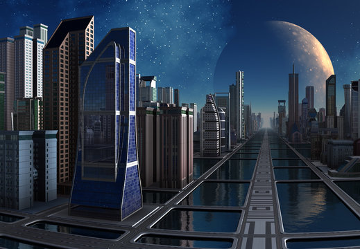 Futuristic City Skyline by Day - 3d illustration
