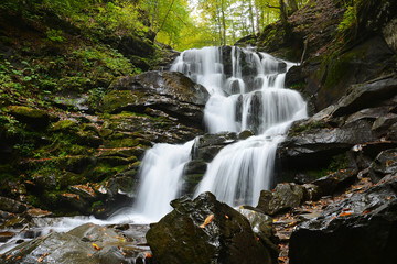 Naklejka premium Waterfall Shypit, cascade in Pylypets in the autumn forest. Carpathian Mountains, Zakarpatska oblast, Ukraine.