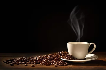 Rolgordijnen Kopje koffie met rook en koffiebonen op zwarte achtergrond, deze afbeelding zonder rook is beschikbaar © amenic181