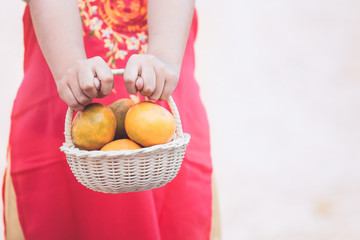 Asian child girl in china traditional dress holding the basket of orange and giving you a happy in Chinese New Year