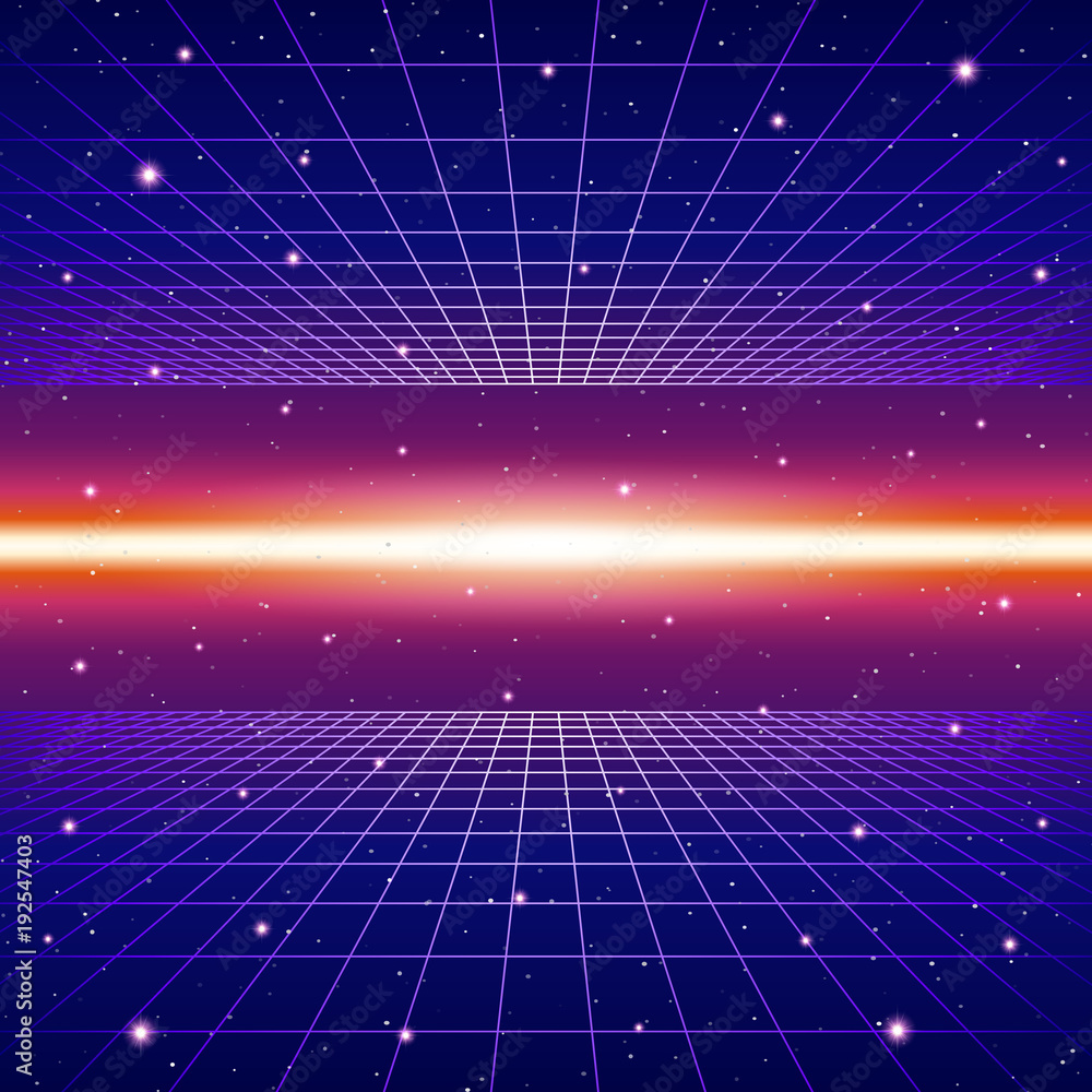 Poster retro neon background with 80s styled laser grid and stars