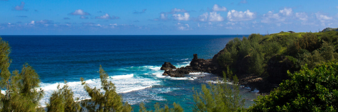 Panorama of the Maui coast and ocean view, with volcanic rock, white surf, blue sky, and green plants on the shore
