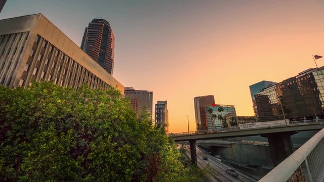 Downtown city of Los Angeles near 110 freeway bridge. 4K Timelapse hyperlapse