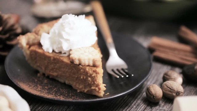 Step by step. Eating slice of freshly baked  pumpkin pie
