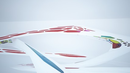 Fototapeta premium Abstract white and colored gradient glasses parametric interior with window. 3D illustration and rendering.