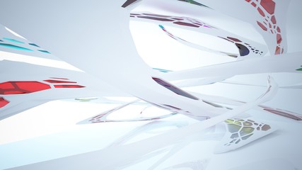 Fototapeta premium Abstract white and colored gradient glasses parametric interior with window. 3D illustration and rendering.