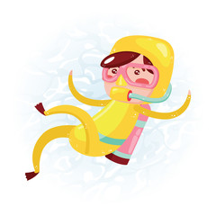 Clip art of one cute boy scuba diver in yellow wet suit which is ideal for creating your wallpapers, backgrounds, stickers, fabric patterns, clothing prints, labels, crafts & projects