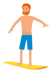 Vector surfer character in surf trunks with surfboard, isolated on white background.