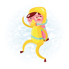 Clip art of one cute boy scuba diver in yellow wet suit which is ideal for creating your wallpapers, backgrounds, stickers, fabric patterns, clothing prints, labels, crafts & projects