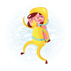Clip art of one cute girl scuba diver in yellow wet suit which is ideal for creating your wallpapers, backgrounds, stickers, fabric patterns, clothing prints, labels, crafts & projects