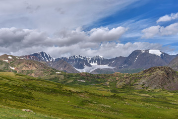 Fototapeta na wymiar mountains glacier grass sky clouds