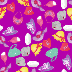 Seamless pattern of Womens accessories - hats and bags. Design element. Fashion Vector Illustration.