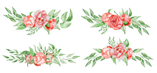 Peonies bouquets set Hand painted watercolor combination of Flowers and Leaves