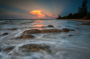 beautiful view of sunset seascape at Kudat, Sabah Malaysia. image contain soft focus due to ong expose.