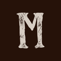 Letter M. Handwritten by dry brush. Rough strokes textured font. Vector illustration. Grunge style elegant alphabet.