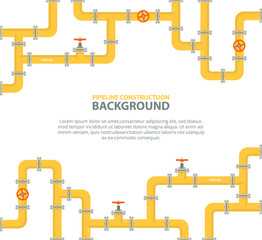 Industrial background with yellow pipeline. Oil, water or gas pipeline with fittings and valves. Vector illustration in flat style.