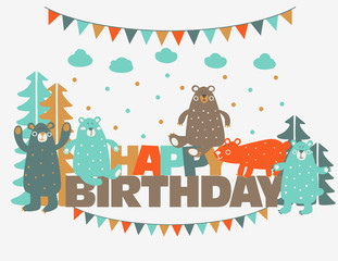 Happy birthday - lovely vector card with funny cute bears in forest and garlands