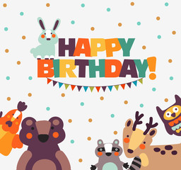 Happy birthday - lovely vector card with funny cute animals and garlands