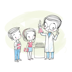 Male scientist and students making chemical experiments in lab. Vector illustration hand drawn.