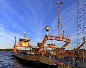 Stockholm, Vaxholm Island, Sweden - Ferry dock in port of Vaxholm town on the Vaxholm island within the Stockholm region